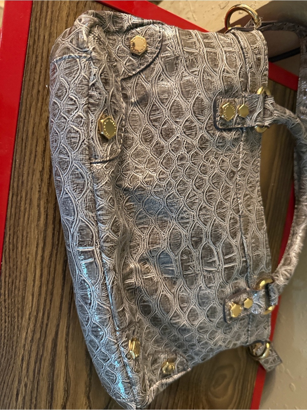 Gianni Bini Silver Croc-Embossed Shoulder Bag with Gold Hardware Accents